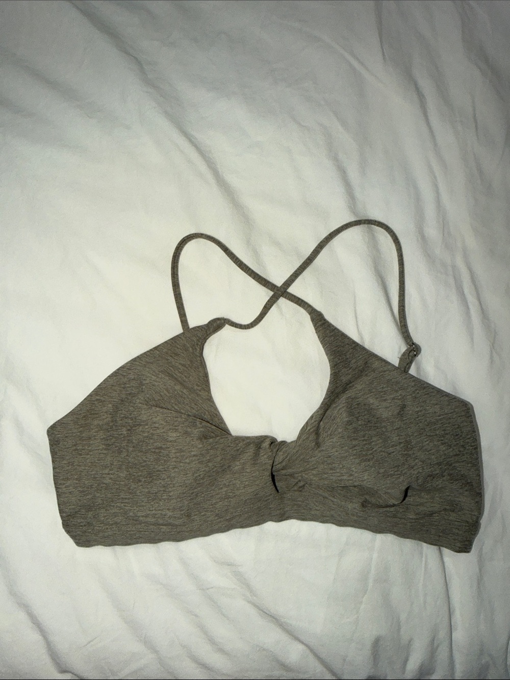 Bombshell Sportswear Twist-Front Bralette in Taupe Heather